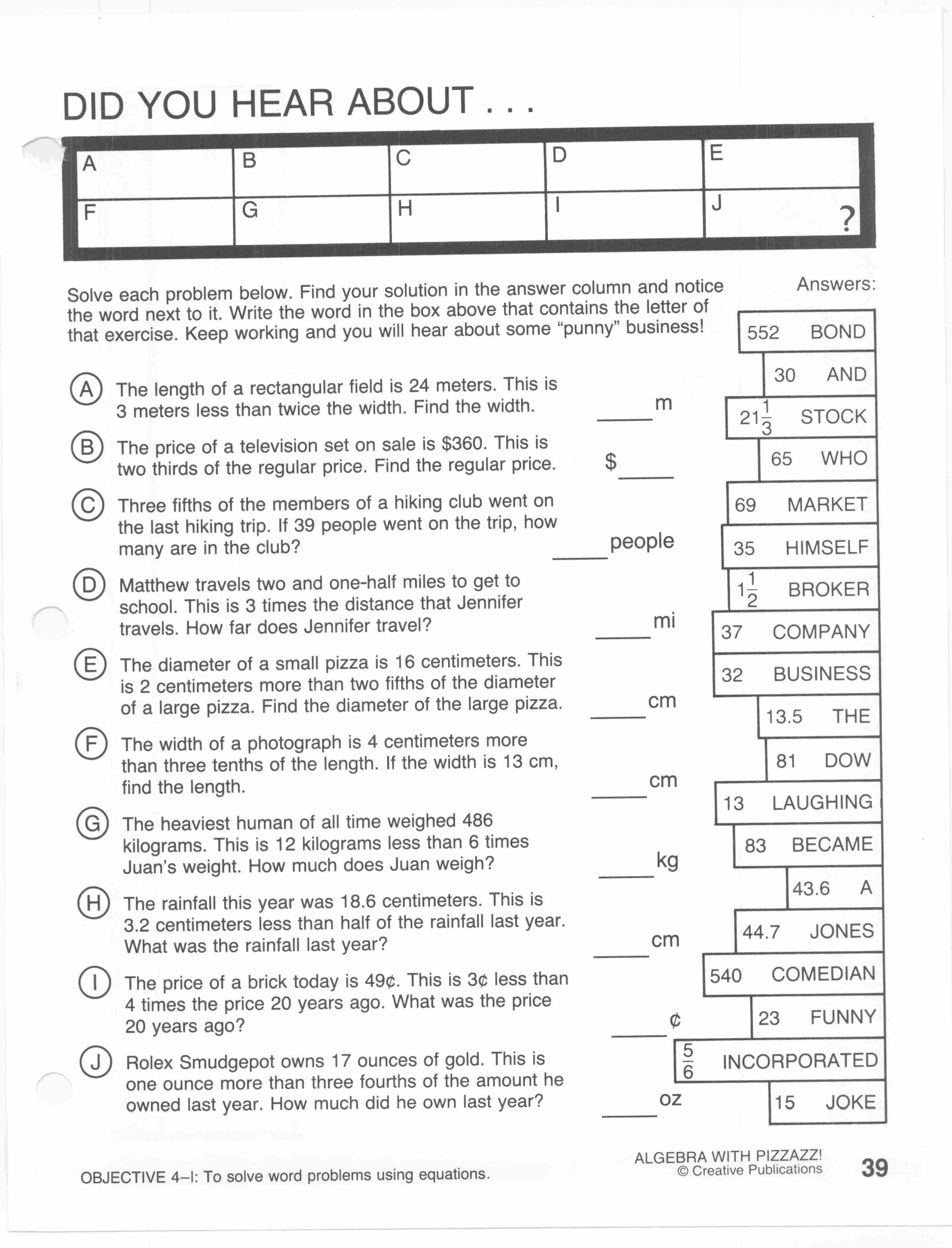 Math Worksheet Did You Hear Aboutbra With Pizzazz Answers Design