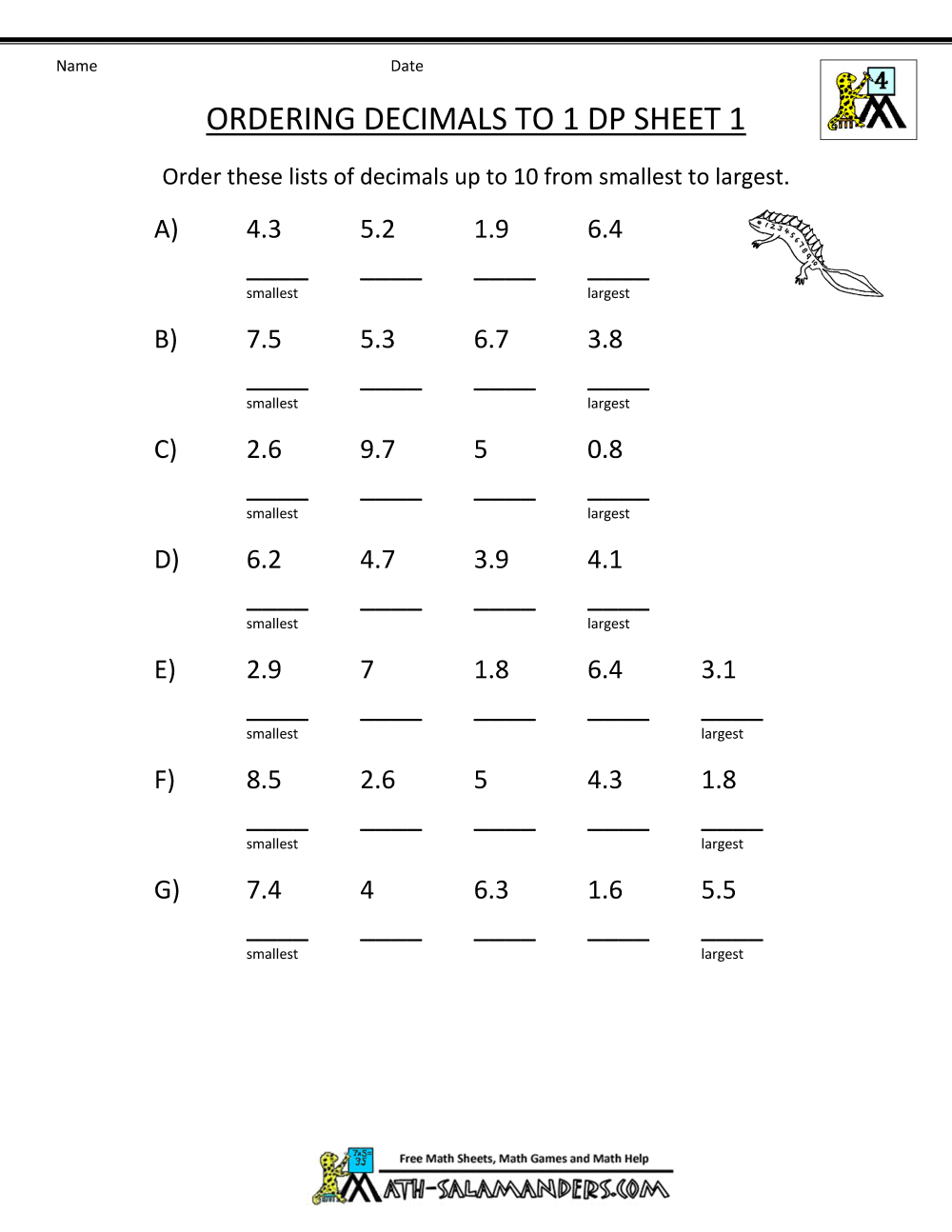 Math Worksheets 4th Grade Ordering Decimals To 2dp, 4 Grade