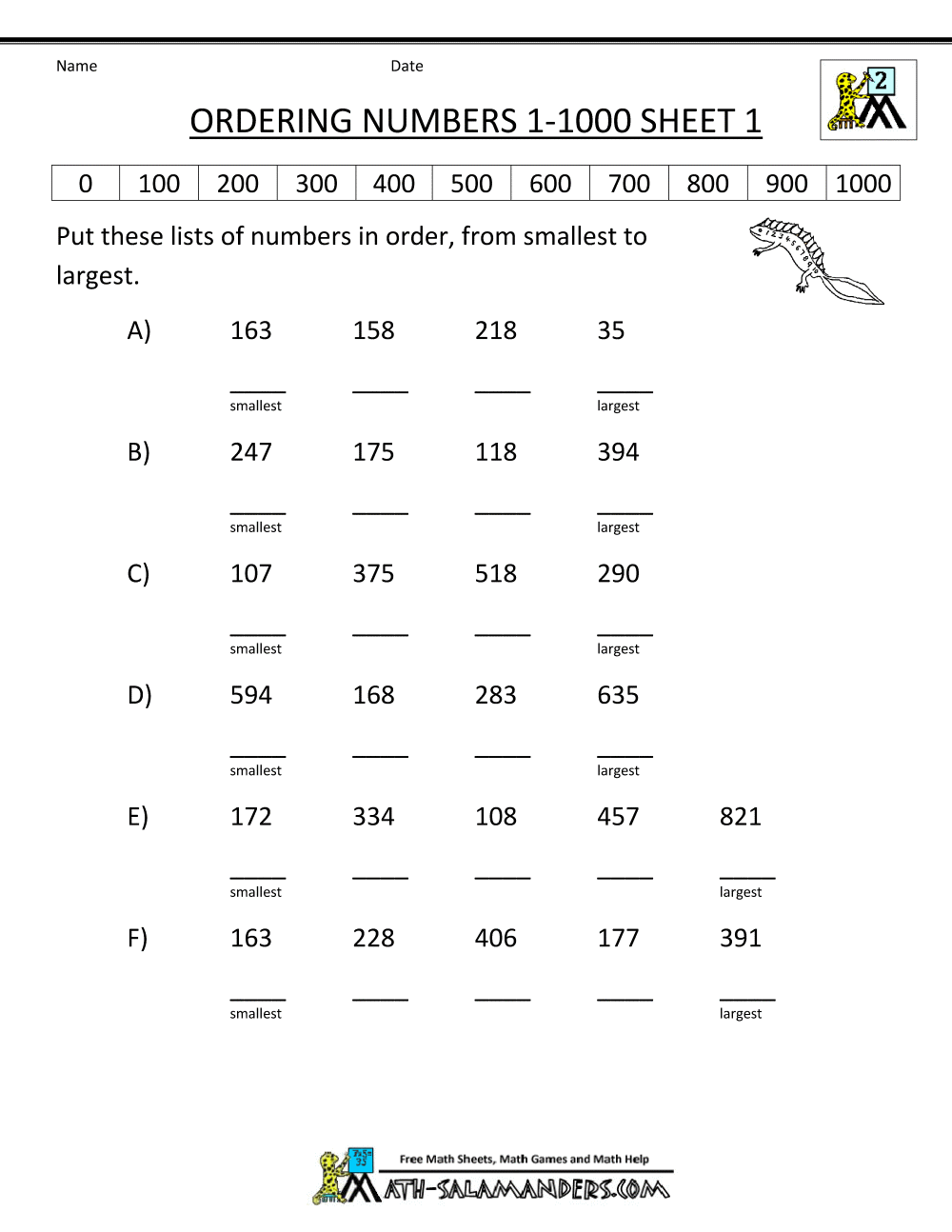 Math Worksheets For Grade 2 Ordering Numbers 267302