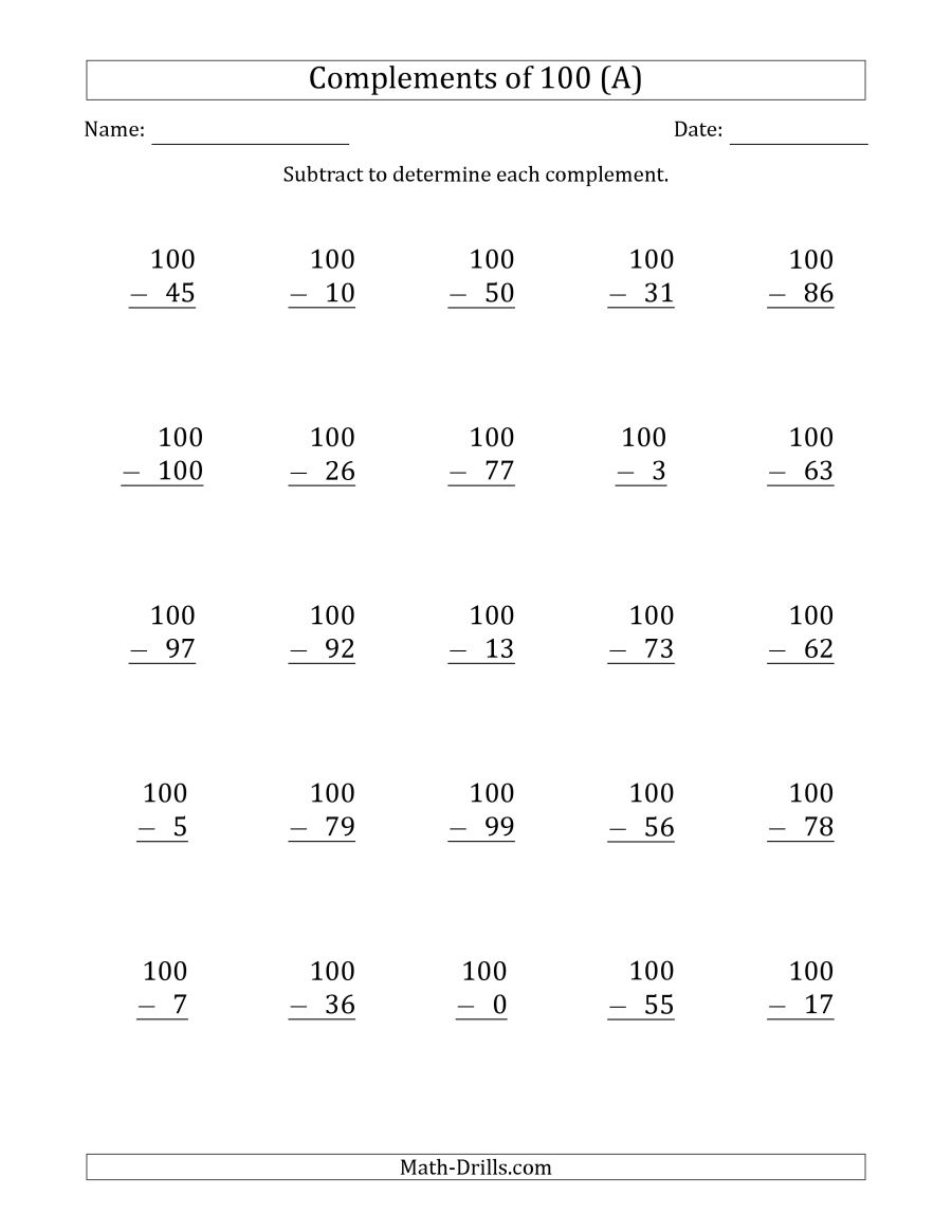 Math Worksheets Subtracting From 100  1451576