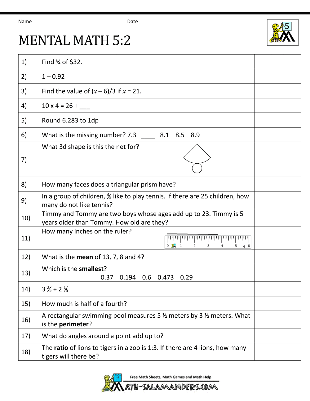 Mental Math 5th Grade Worksh