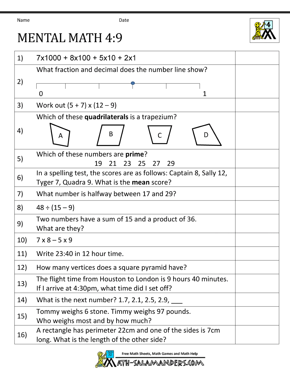 Mental Math Worksheets 4th Grade 9, Mental Math Worksheets | Free ...