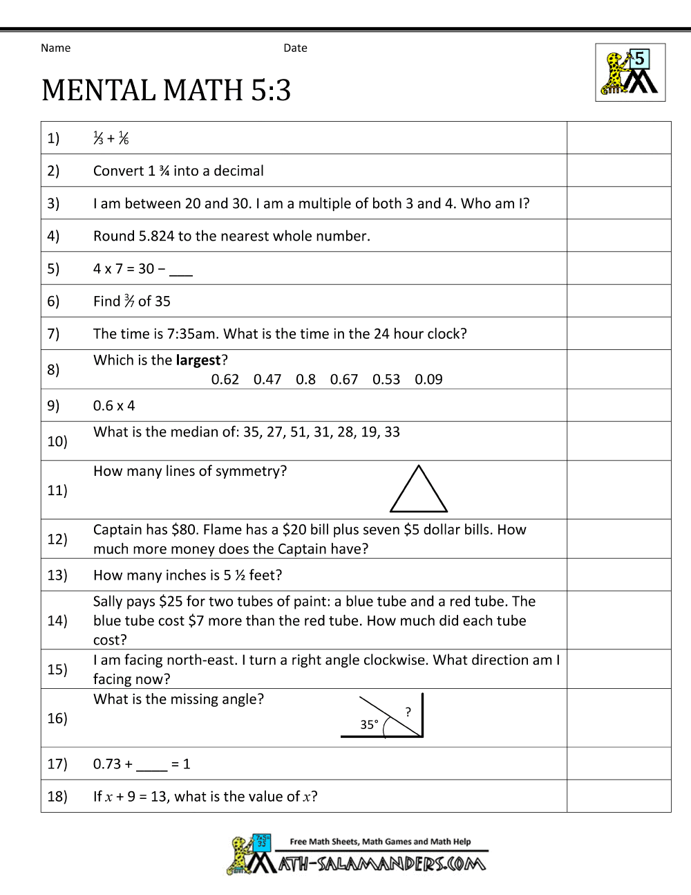 Mental Math Worksheets Grade 5 1233380