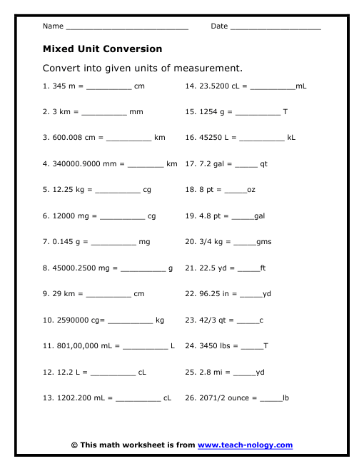 Mixed Unit Conversion Worksheet