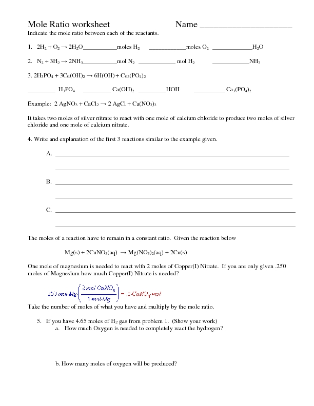 Molar Ratio Worksheet