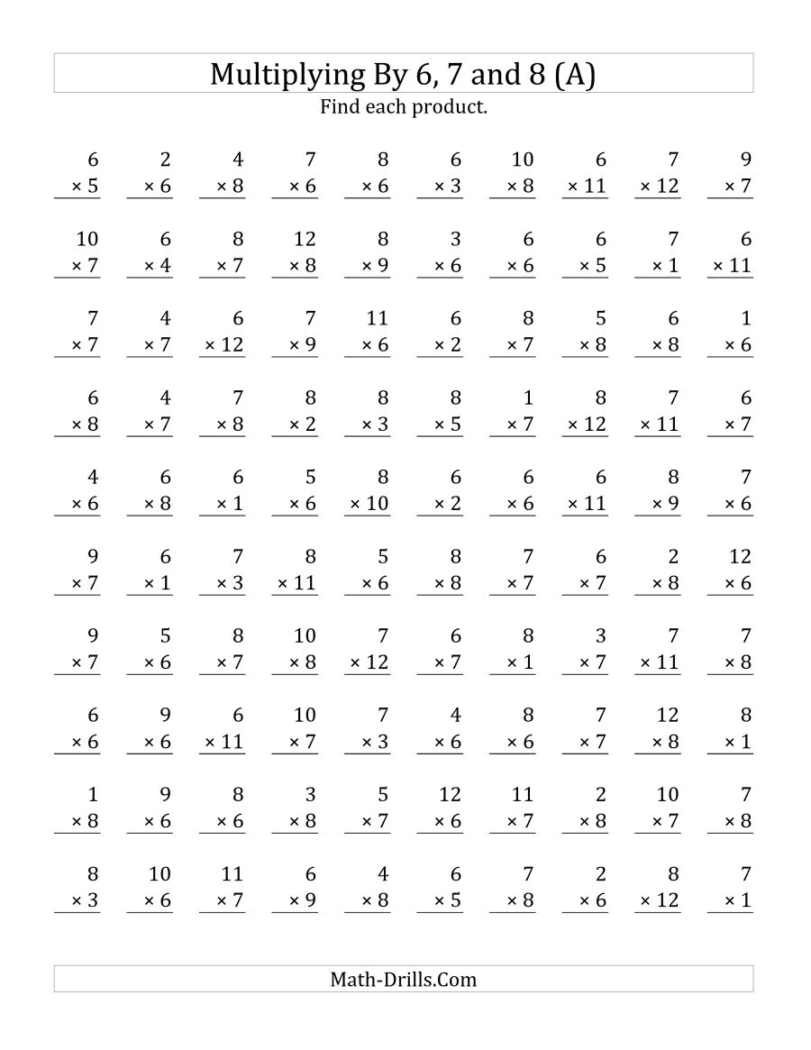Multiplication Worksheets 6 7 And 8  26159