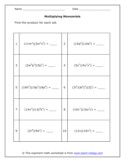Multiplying Monomials Worksheet And Answer Key  938645