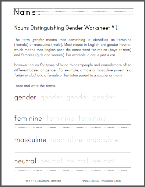 Gender Worksheets For Grade 1