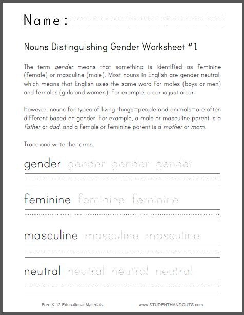 Nouns Distinguishing Gender Worksheet  1  Grade Three  Free To