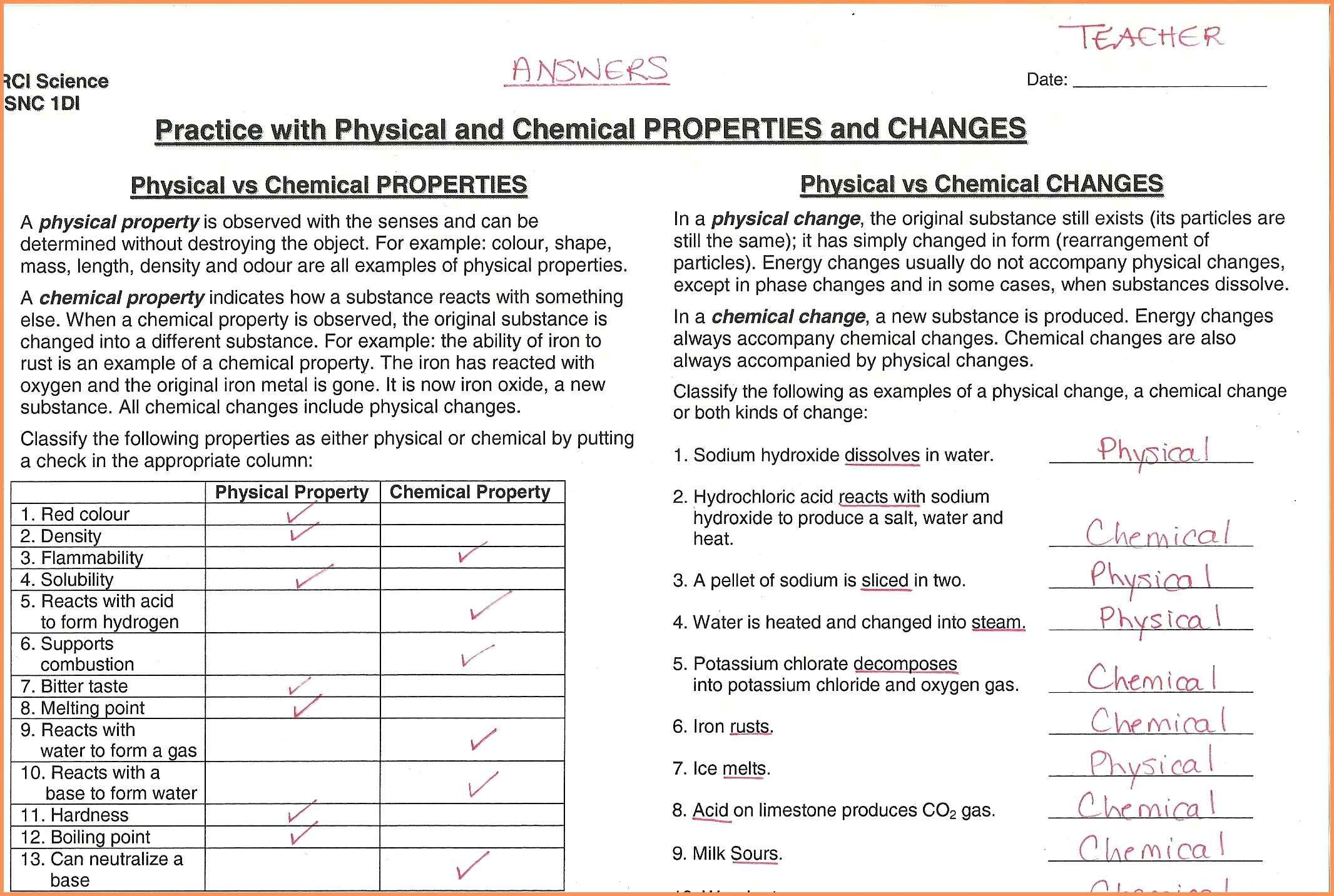 Physical Vs Chemical Properties Worksheets