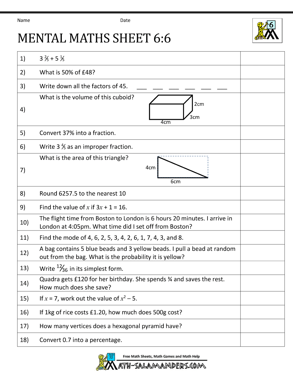 Printable Mental Math Worksheets Grade 6 322169
