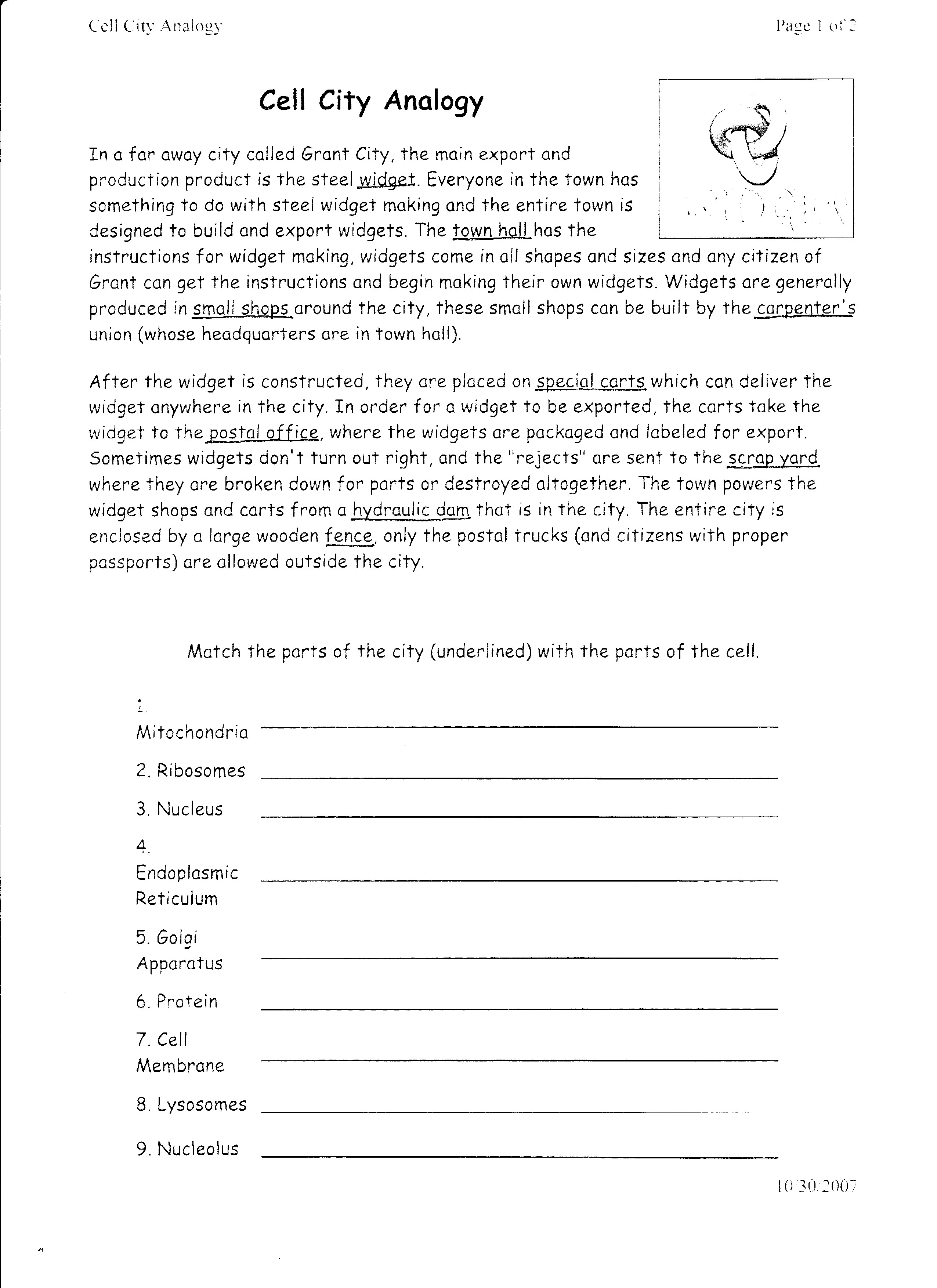 Printables Cell City Analogy Worksheet Answers Gozoneguide, Cell