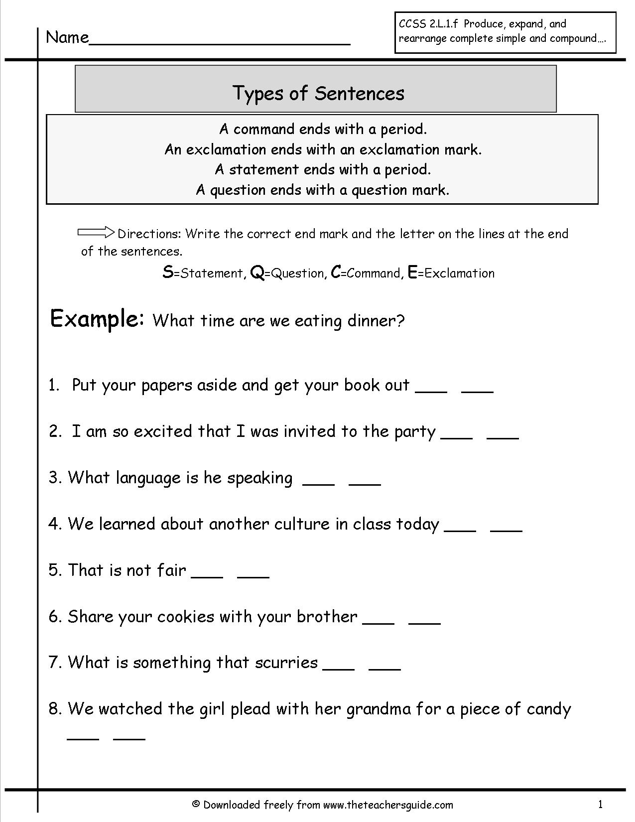 Printables Of Four Different Kinds Of Sentences Worksheet