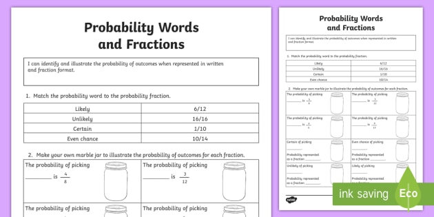 Probability Words And Fractions Worksheet   Activity Sheet