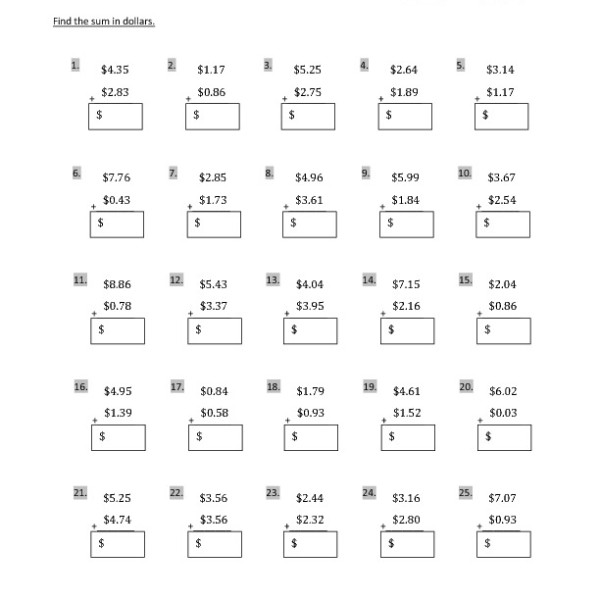 Adding Money Worksheets