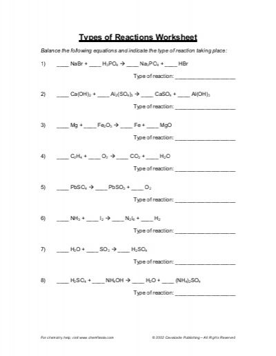 Six Types Of Chemical Reaction Worksheet  Types Of Reactions