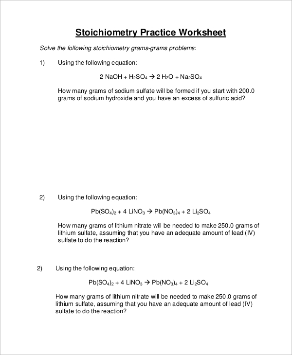 9+ Sample Stoichiometry Worksheets