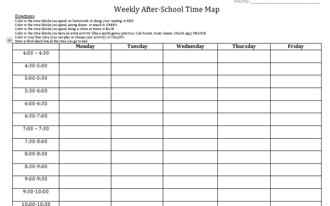 Student Log To Get Baseline Of Time Management Needs After School