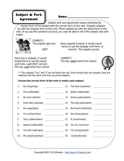 Subject And Verb Agreement Worksheets