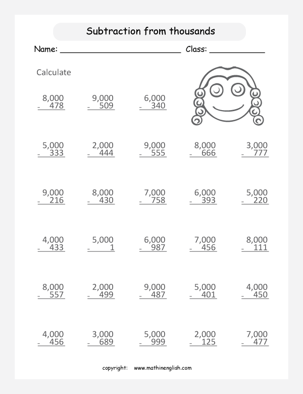 Subtraction From Whole Thousands Worksheet With Triple Regrouping