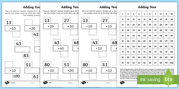 Adding Tens Homework Worksheet   Activity Sheets