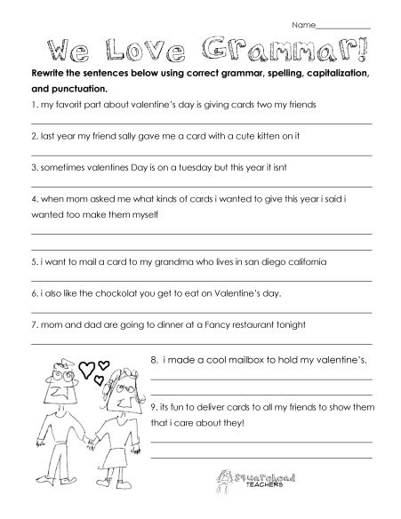 Valentine's Day Grammar Worksheet (3rd Grade And Up) Free At