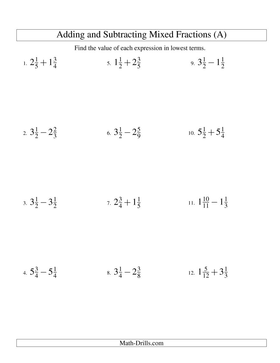 Worksheet Adding And Subtracting Mixed Fractions  118440