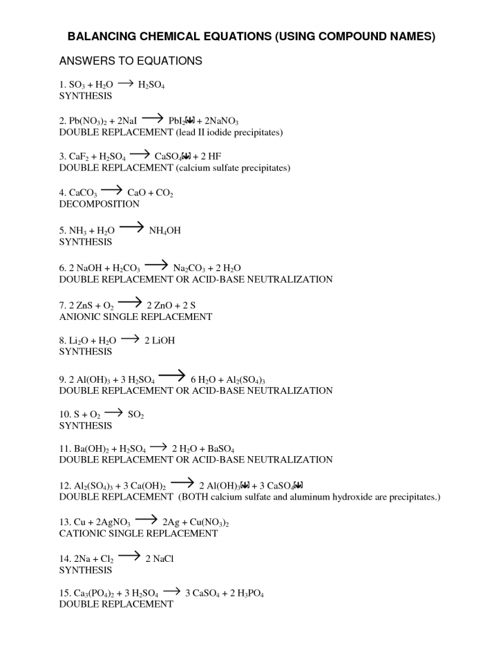 Worksheet Writing And Balancing Chemical Reactions Answer Key