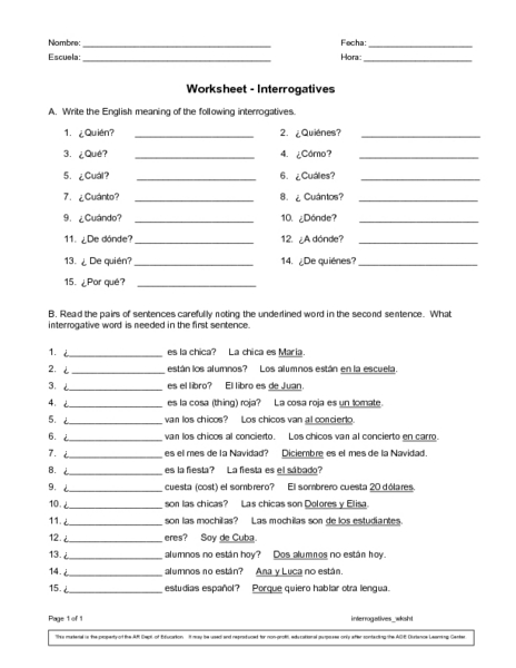 Worksheets Spanish Question Words