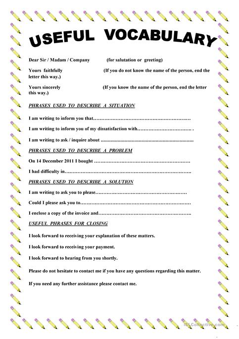 Writing A Complaint Letter Worksheet