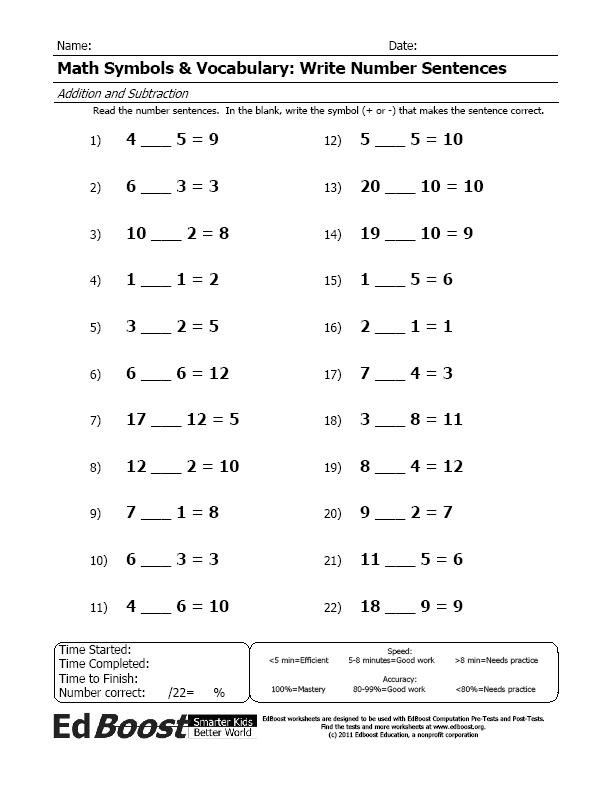 Writing Addition Number Sentences Worksheets 2nd Grade