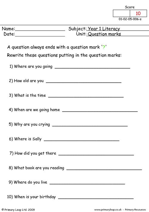 Question Mark Worksheet Year 1