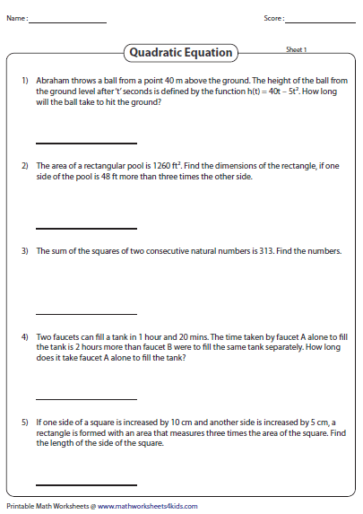 Word Problems Involving Quadratic Equations