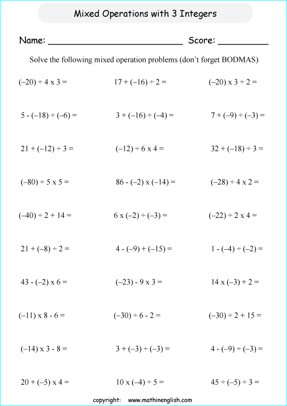 Mixed Operations Math Worksheet With 3 Terms Of Negative Numbers