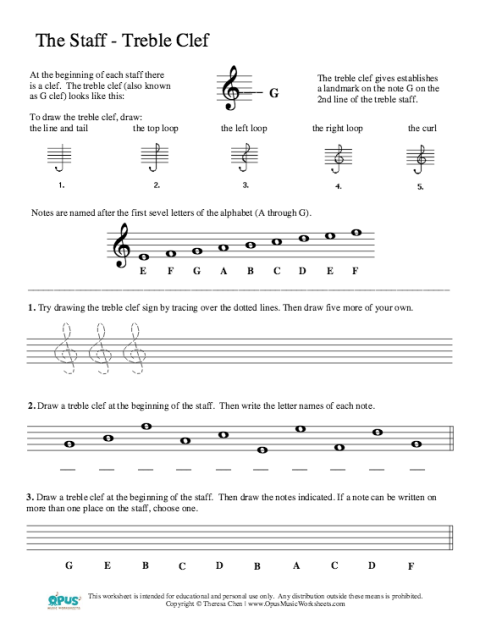 Free Music Theory Worksheet â The Staff Treble Clef