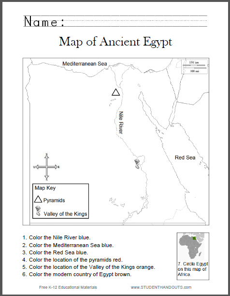 Map Of Ancient Egypt Worksheet For Kids, Grades 1