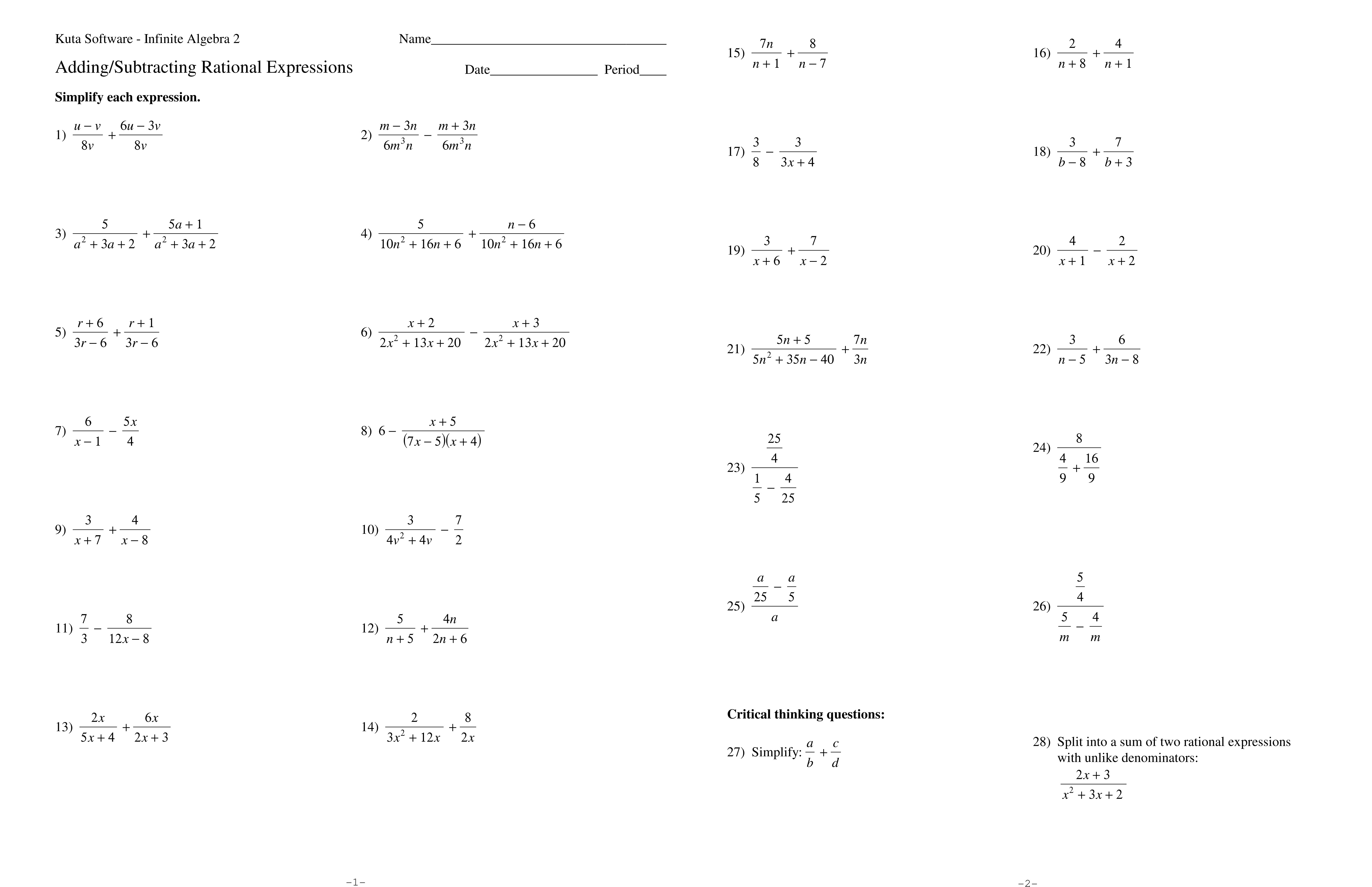 Printables Of Worksheet For Adding And Subtracting Rational