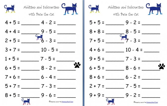 Free Worksheets  Addition And Subtraction With Pete The Cat