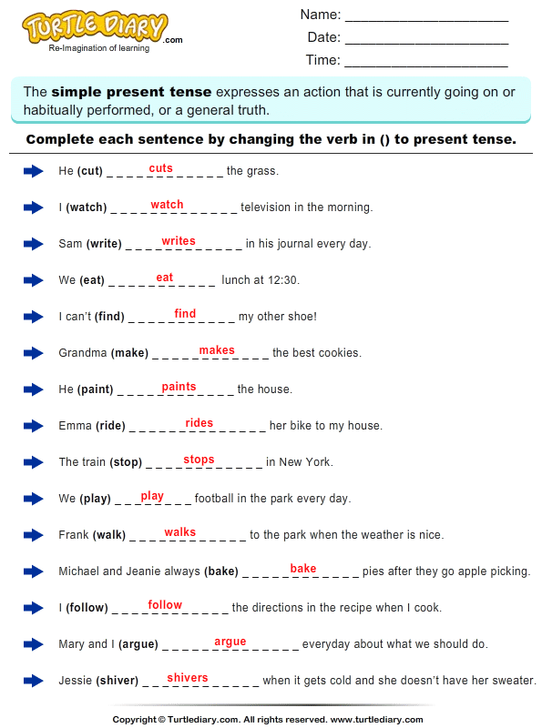 Complete Sentences By Writing Present Tense Form Of Verb Worksheet