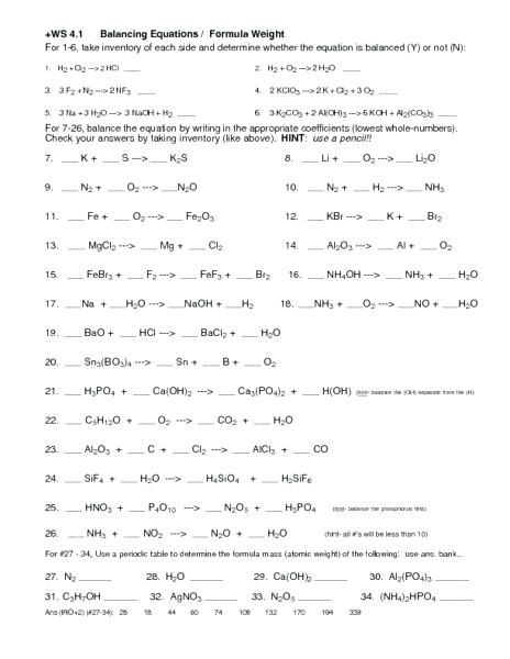The Math Of Chemistry Worksheet Answers Writing Balanced Chemical