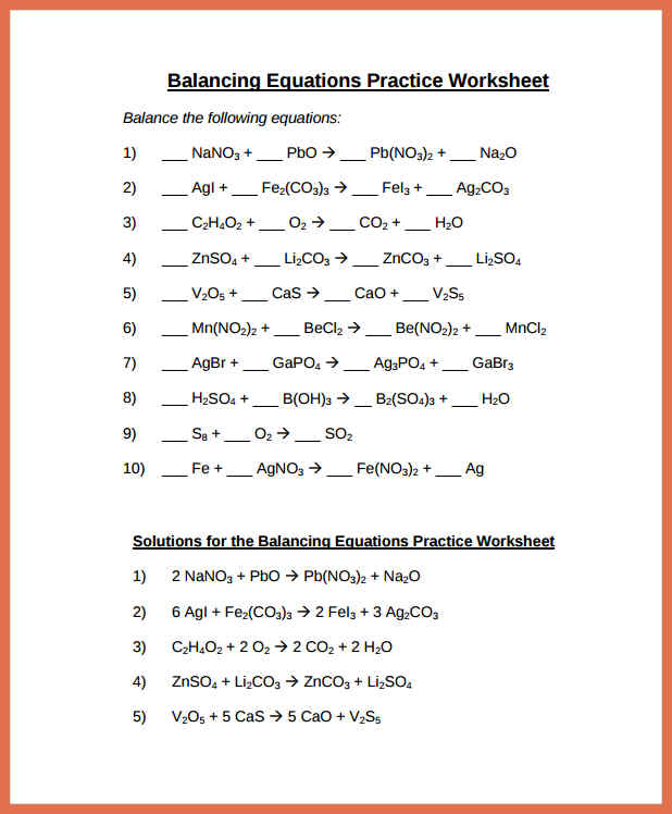 Balancing Equations Practice Worksheet Worksheets For All