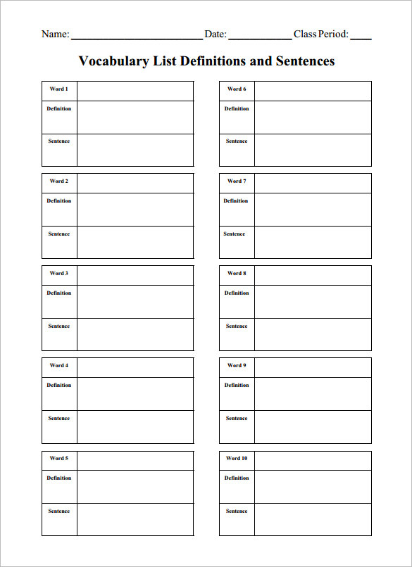 7+ Blank Vocabulary Worksheet Templates