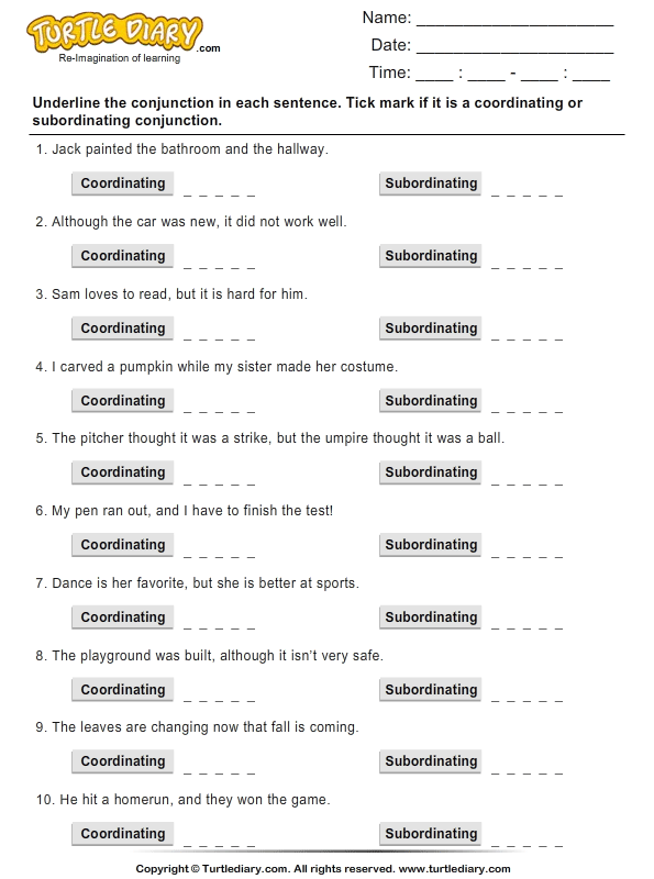 Coordinating And Subordinating Conjunctions Worksheet