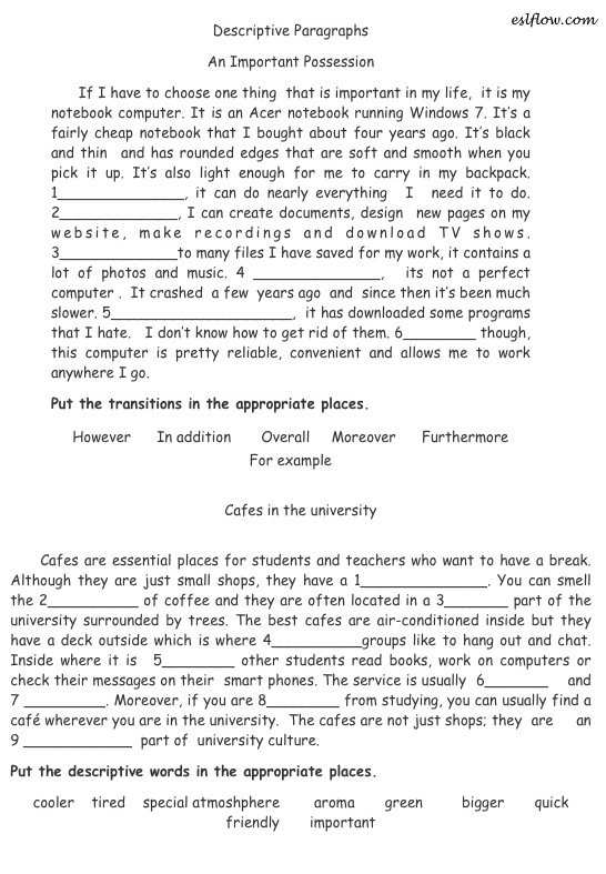 Descriptive Paragraph Transitions Worksheet For Writing Students