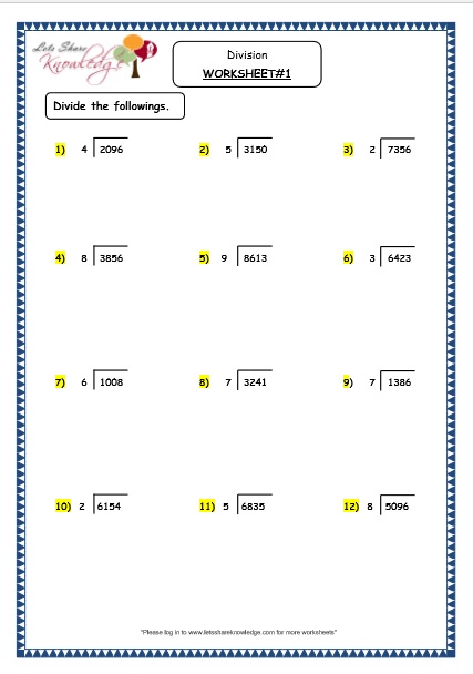 Grade 4 Maths Resources (1 7 3 Division Of 4 Digit Number With A