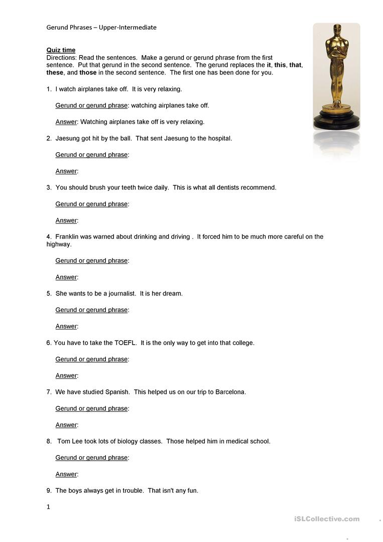 Gerund Phrase Worksheet