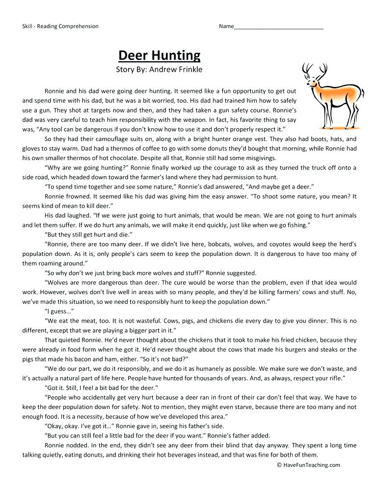 Grade Reading Worksheets A Fairy Comprehension Deer Hunting Sixth