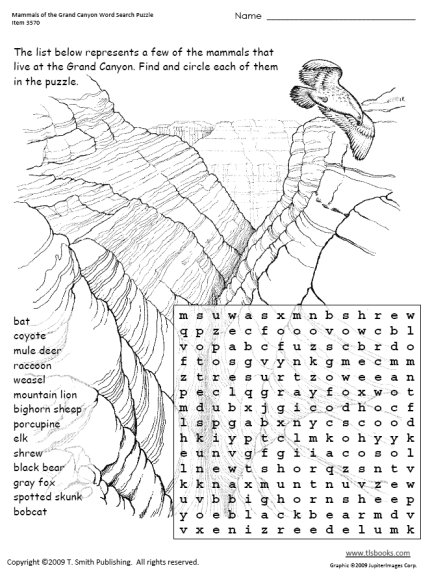 Mammals Of The Grand Canyon Word Search Puzzle