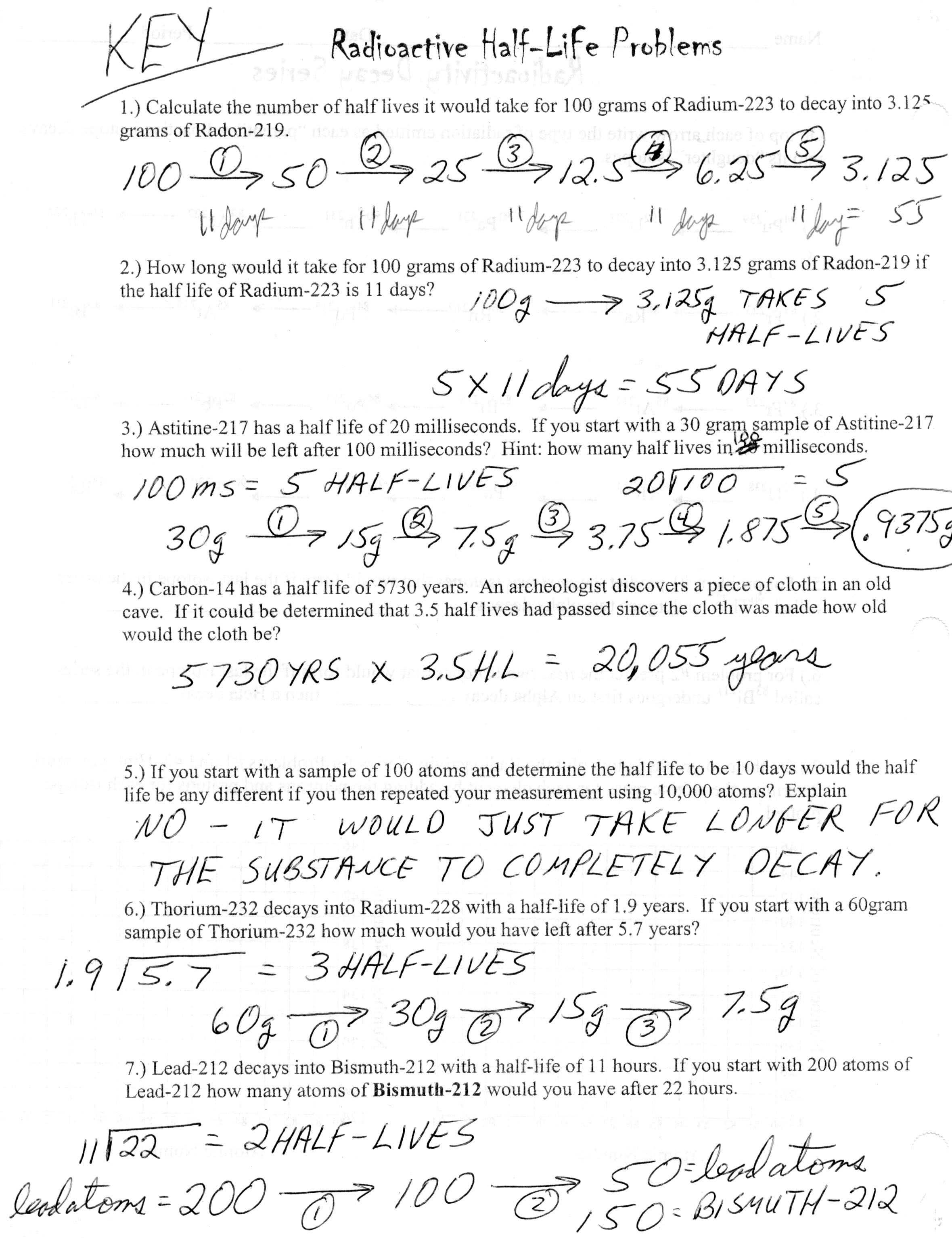 Half Life Calculations Worksheet Answers Pdf