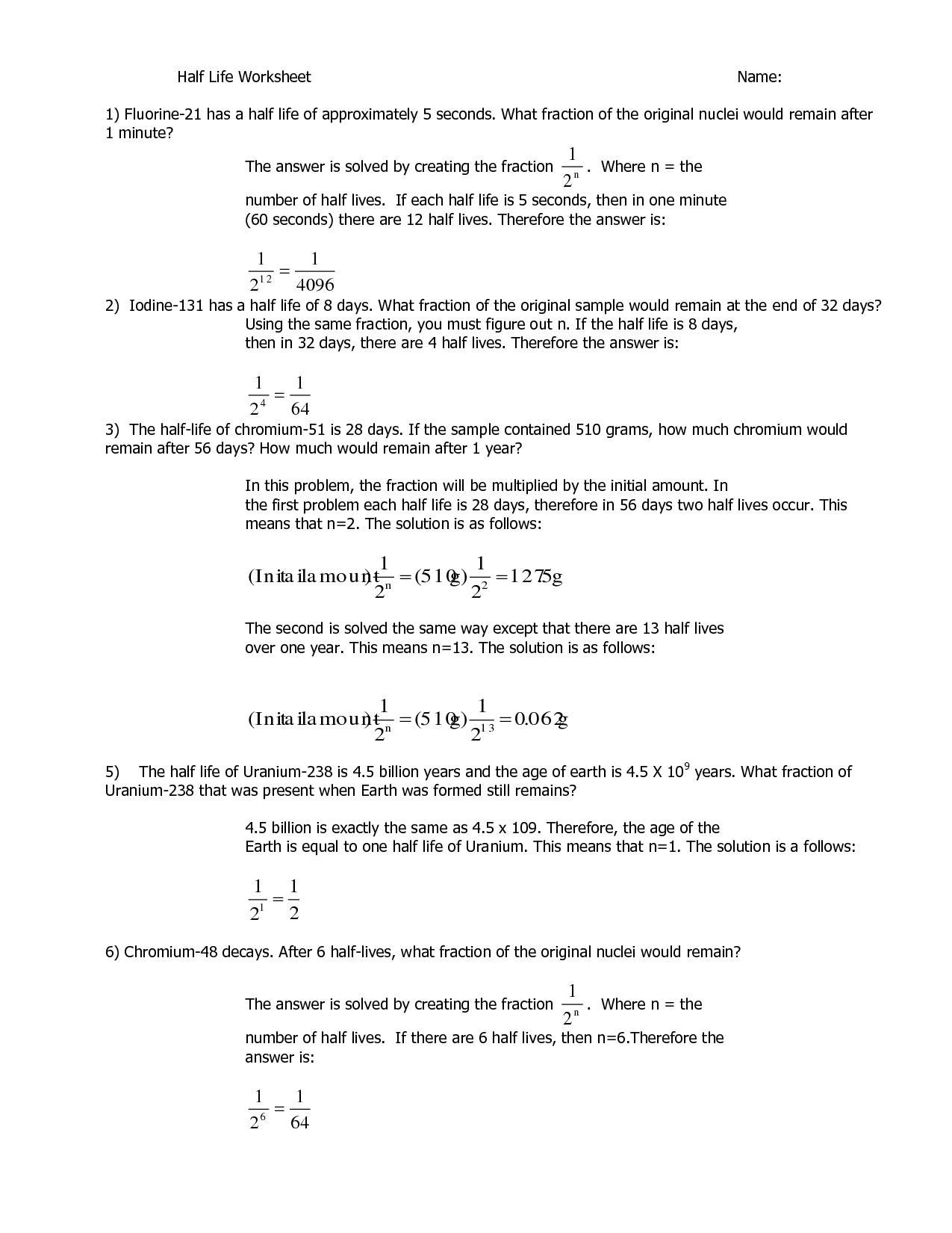 Half Life Problems Worksheet